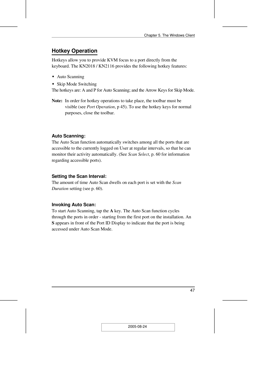 ATEN Technology KN2108 user manual Hotkey Operation, Auto Scanning, Setting the Scan Interval, Invoking Auto Scan 