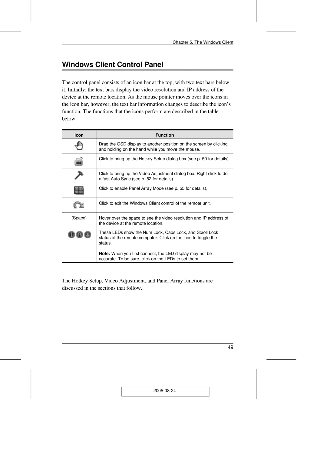 ATEN Technology KN2108 user manual Windows Client Control Panel, Icon Function 