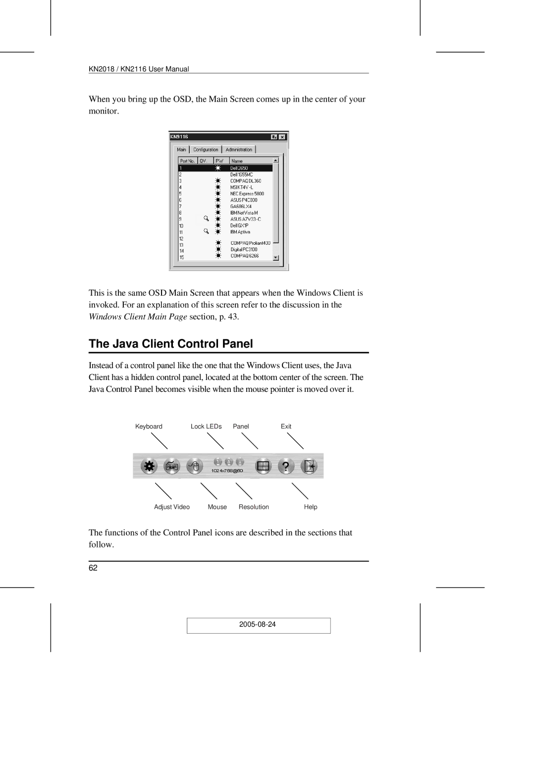 ATEN Technology KN2108 user manual Java Client Control Panel 