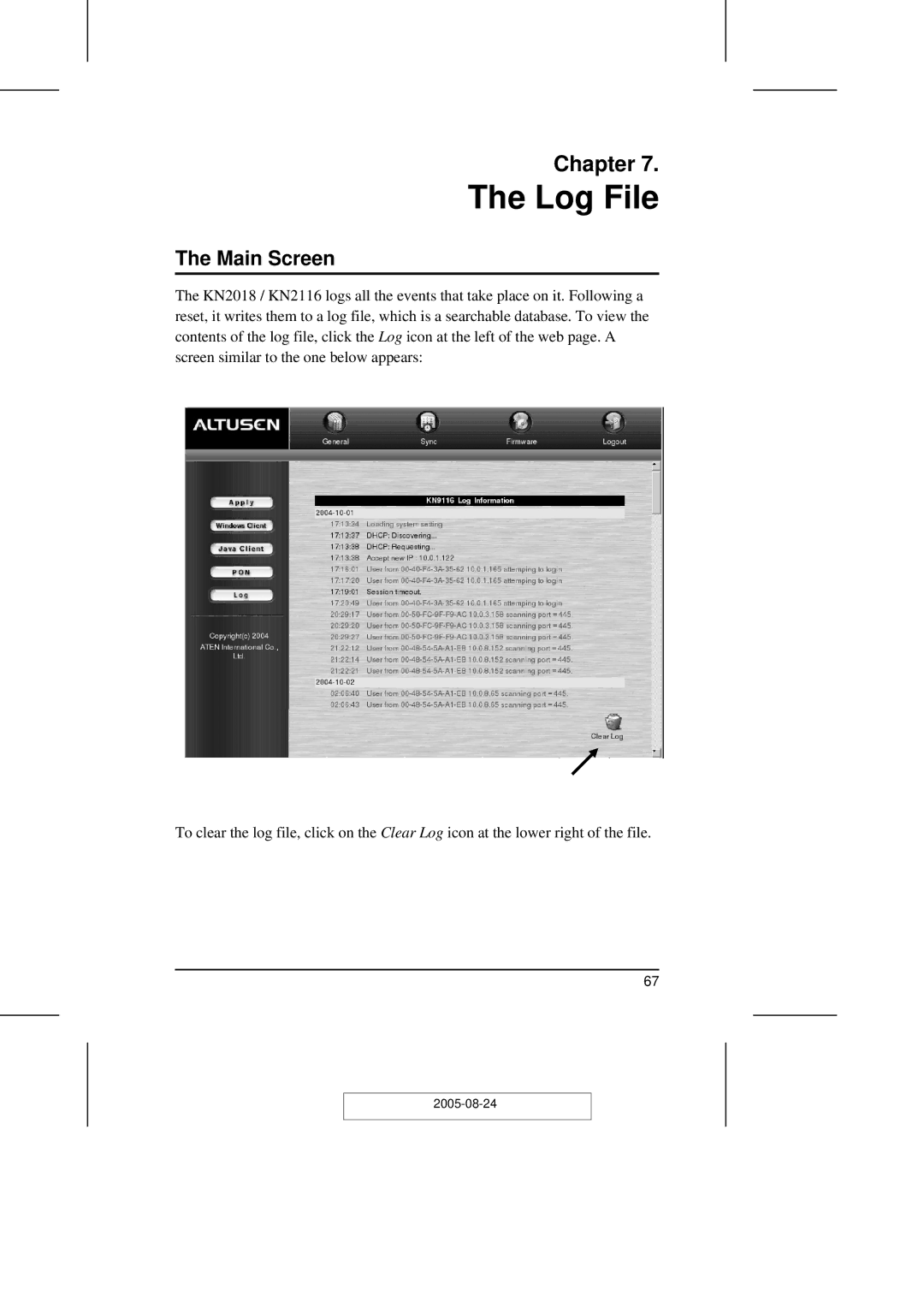 ATEN Technology KN2108 user manual Log File, Main Screen 