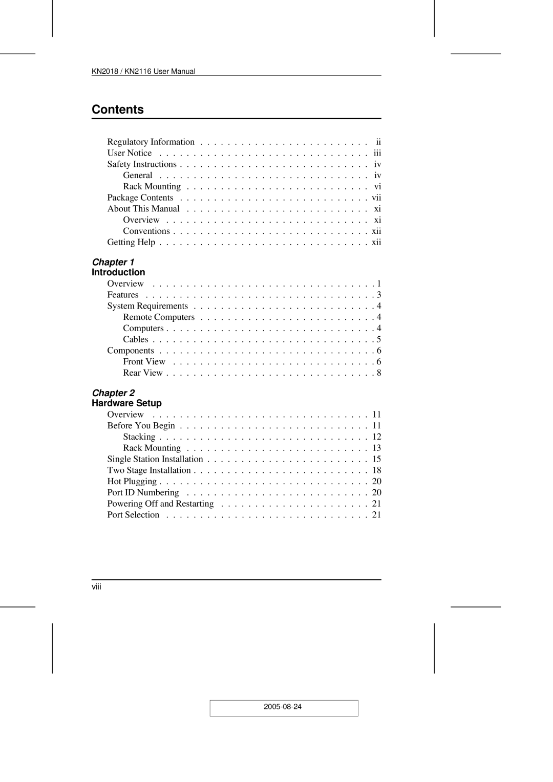 ATEN Technology KN2108 user manual Contents 