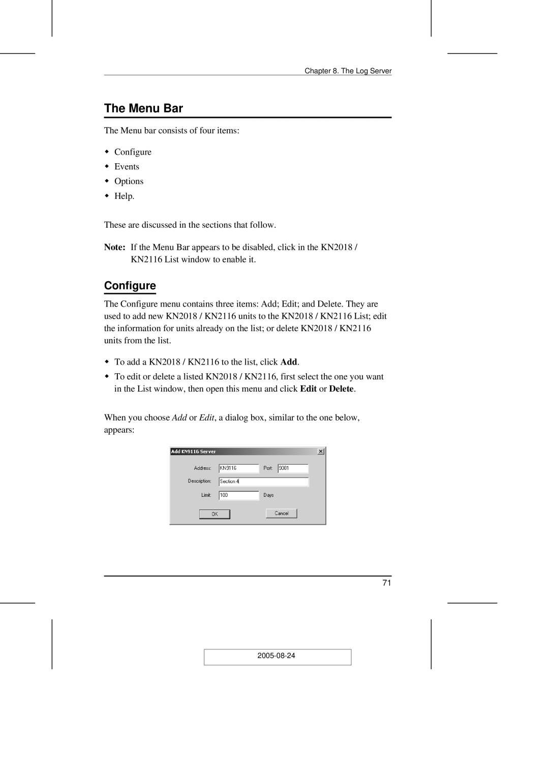 ATEN Technology KN2108 user manual Menu Bar, Configure 