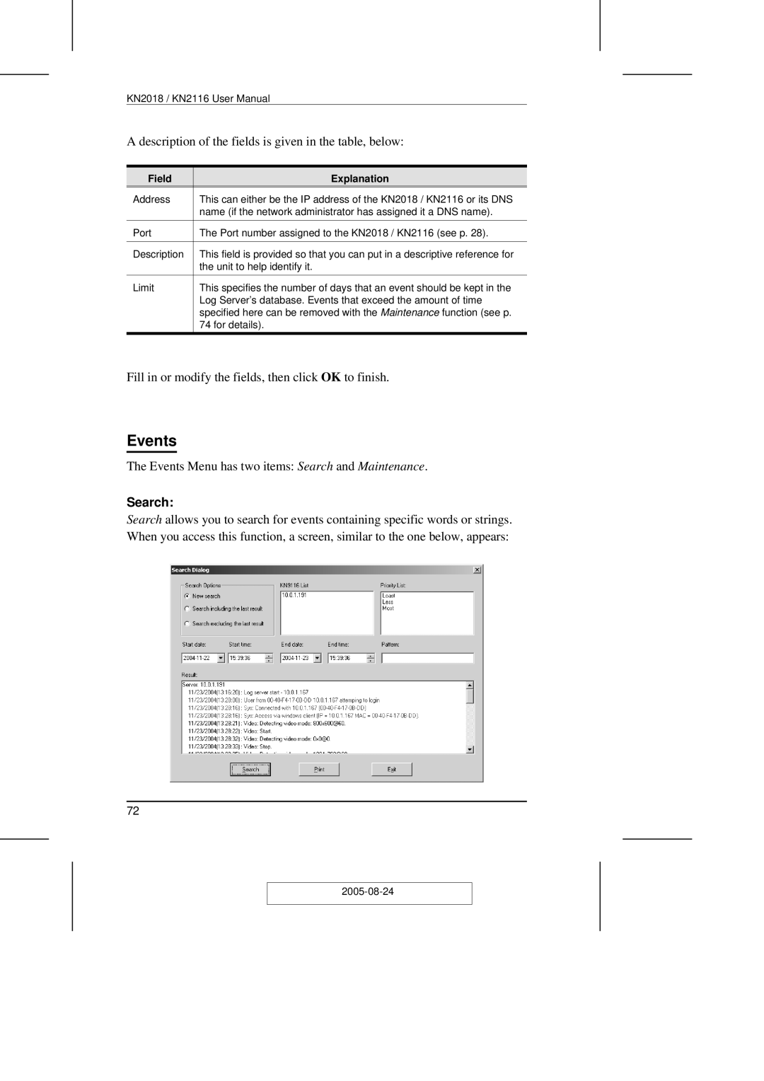 ATEN Technology KN2108 user manual Events, Search 