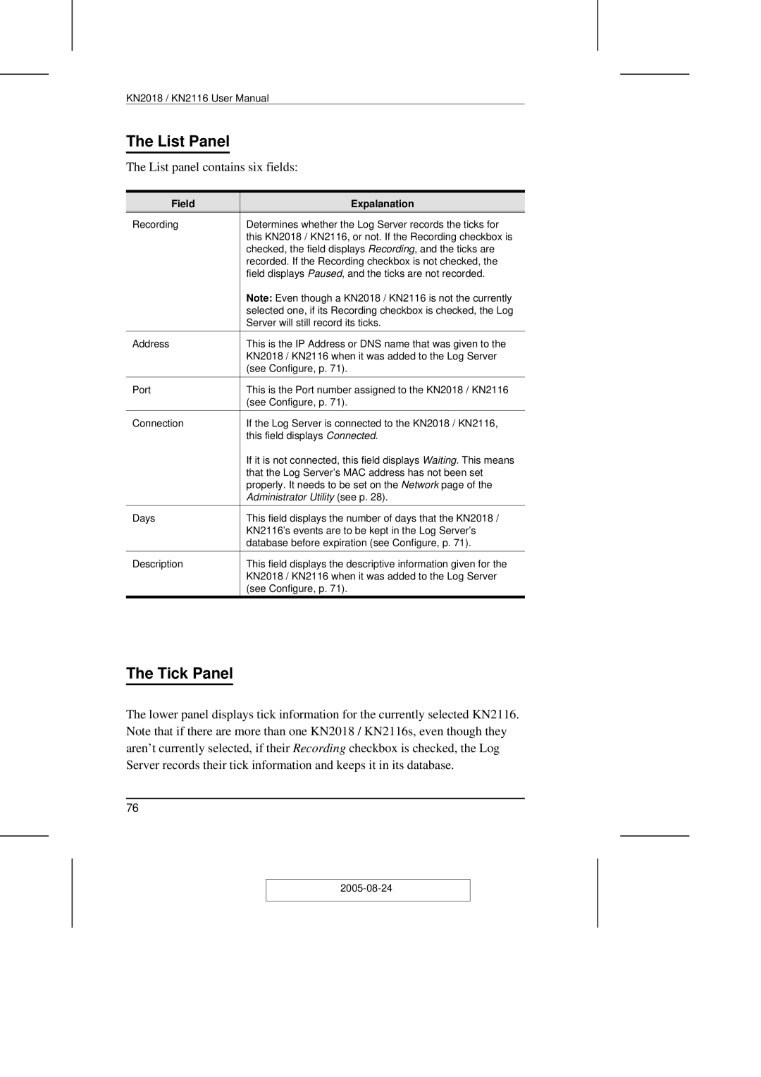 ATEN Technology KN2108 user manual List Panel, Tick Panel, Field Expalanation 