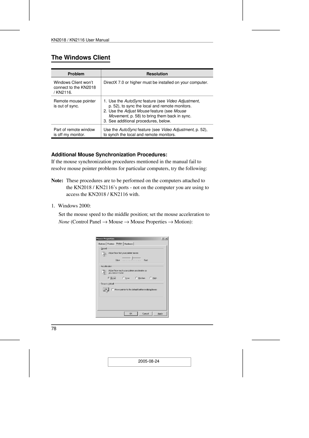 ATEN Technology KN2108 user manual Windows Client, Additional Mouse Synchronization Procedures 