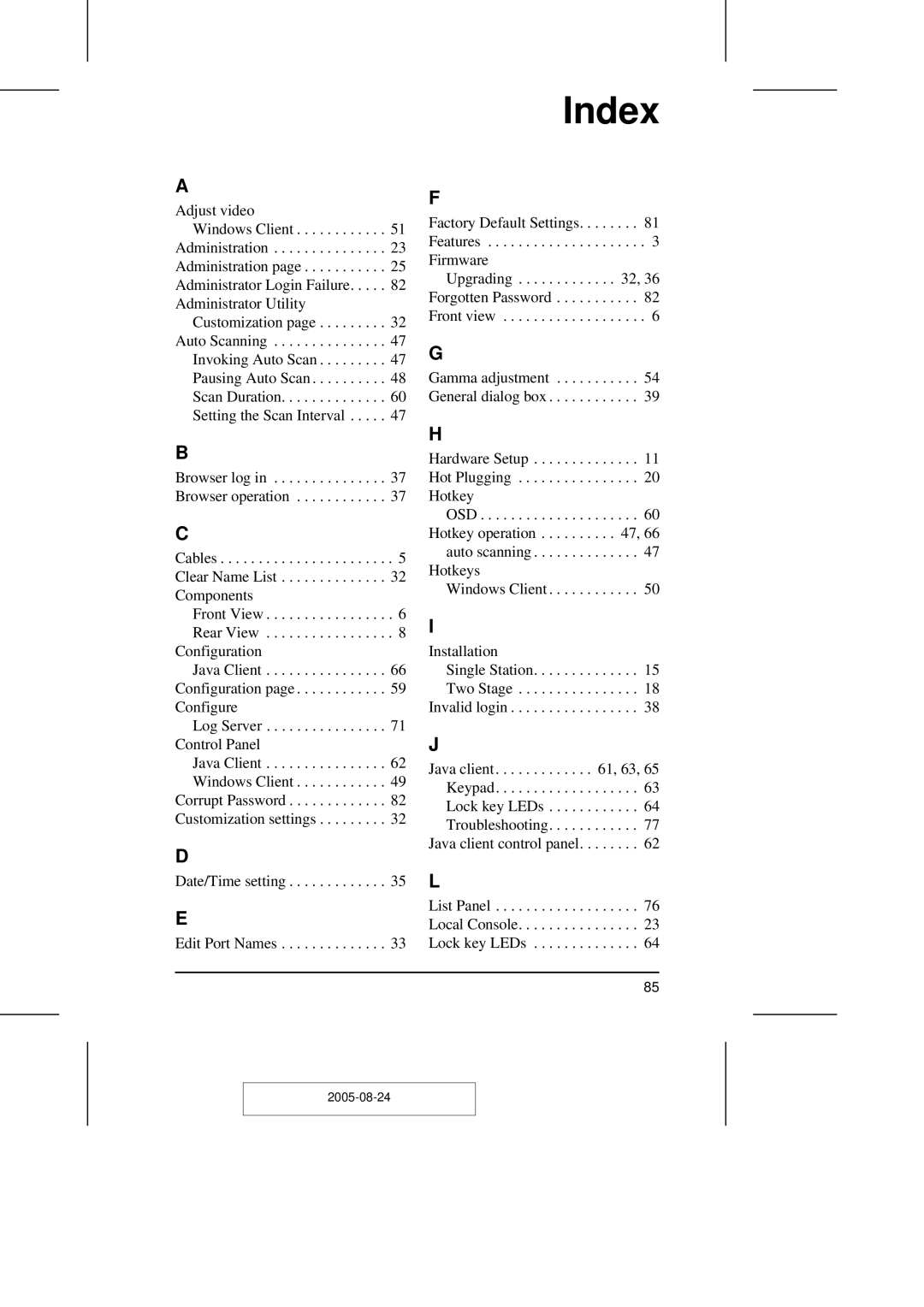 ATEN Technology KN2108 user manual Index 