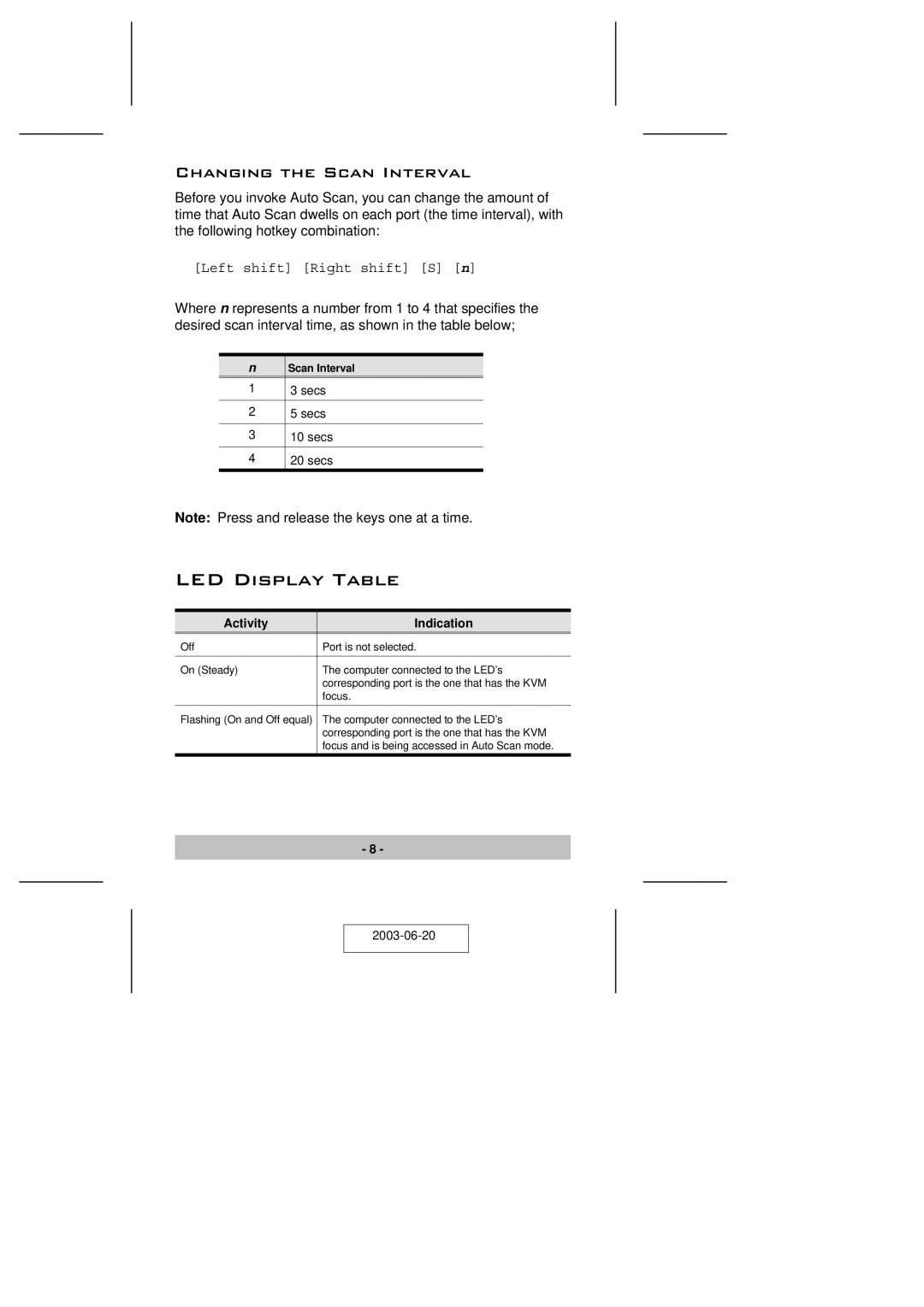 ATEN Technology KVM CS-62 user manual LED Display Table, Changing the Scan Interval 