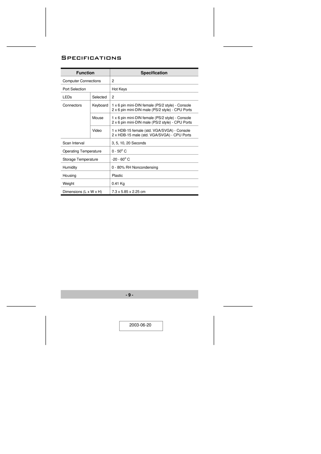 ATEN Technology KVM CS-62 user manual Specifications, Function Specification 