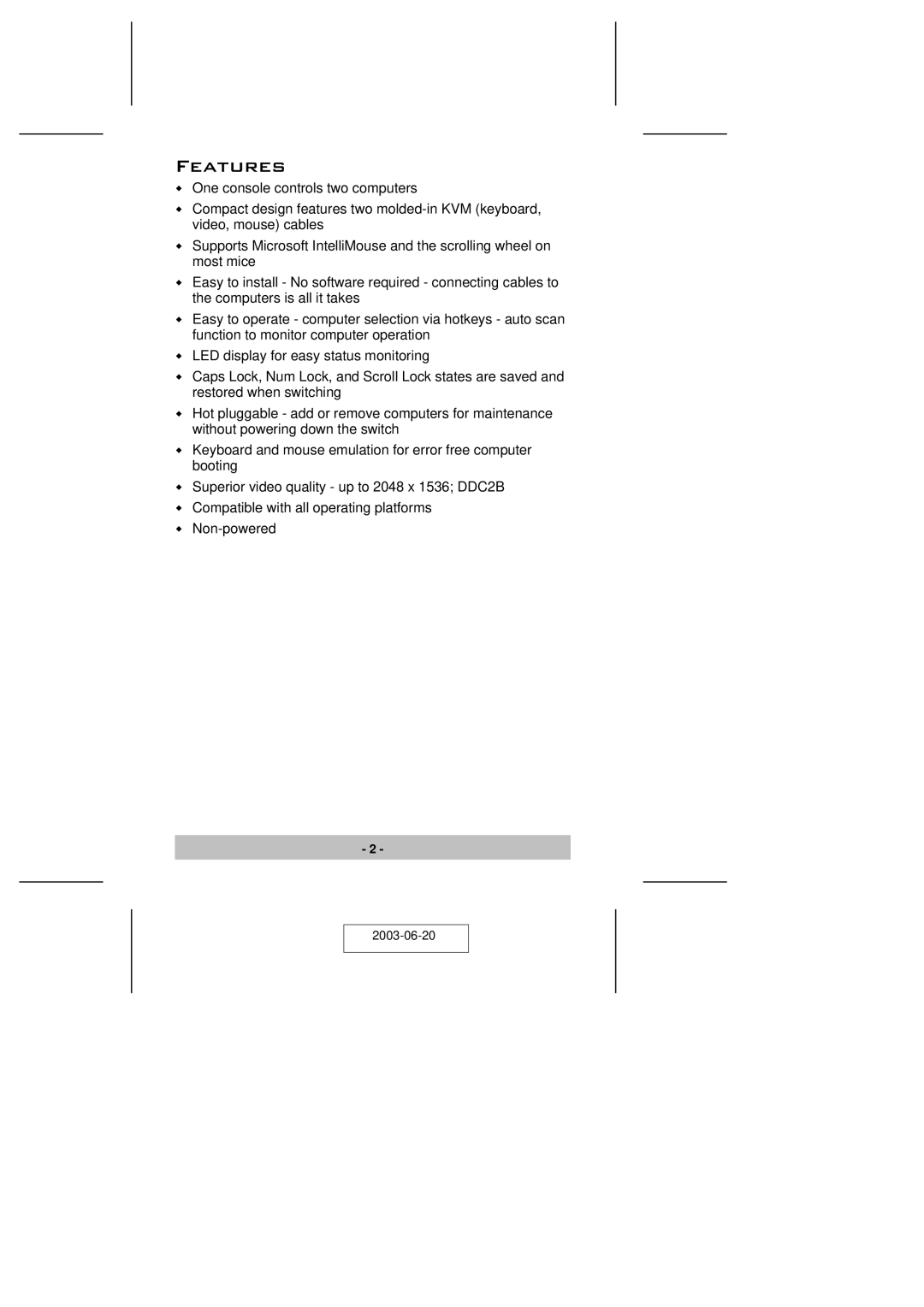 ATEN Technology KVM CS-62 user manual Features 