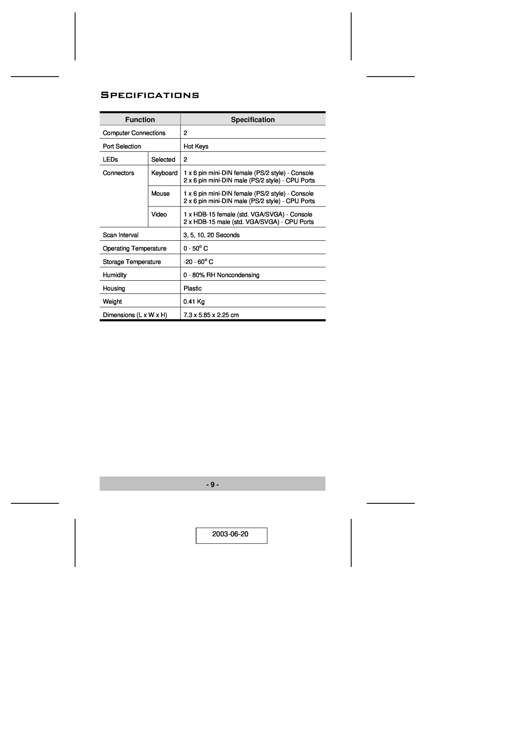 ATEN Technology KVM CS-62 user manual Specifications, Function, 2003-06-20 