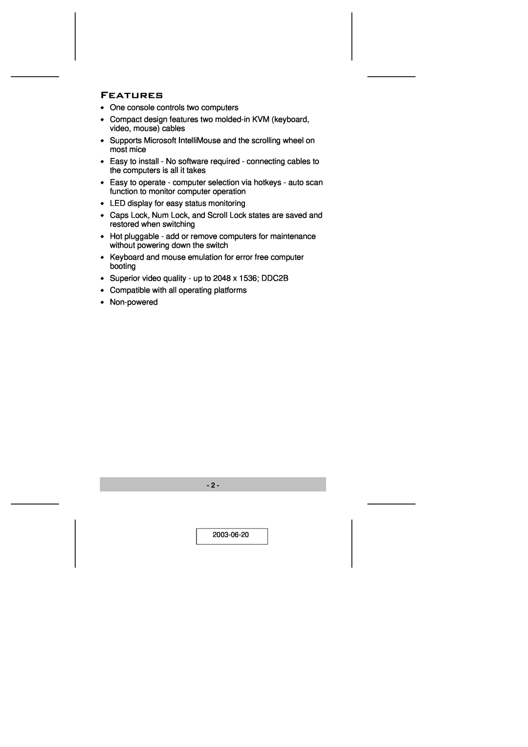 ATEN Technology KVM CS-62 user manual Features 