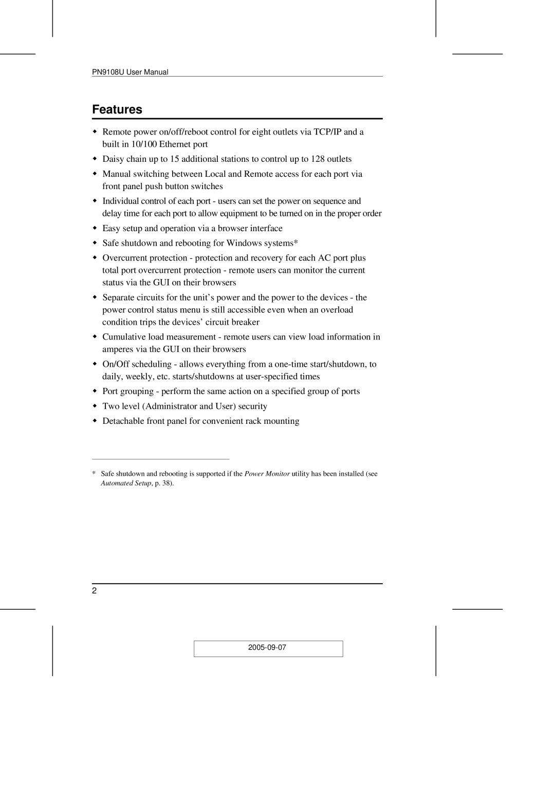 ATEN Technology PN9108U user manual Features 