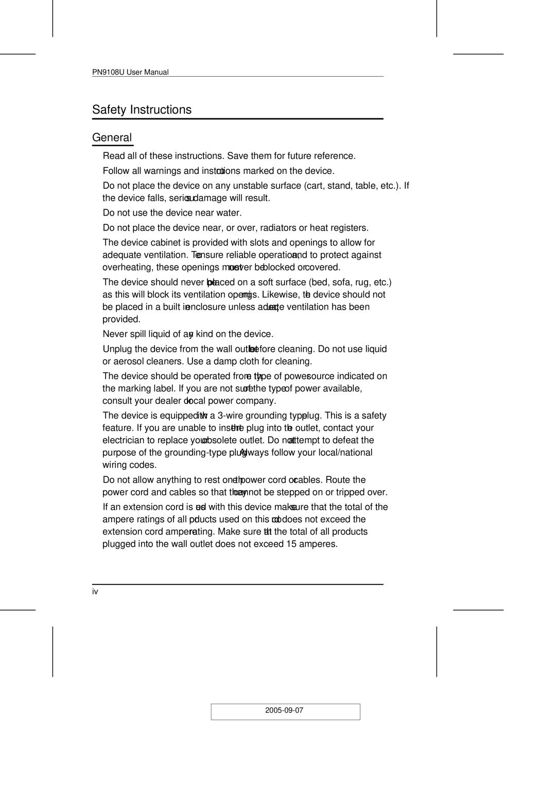 ATEN Technology PN9108U user manual Safety Instructions, General 