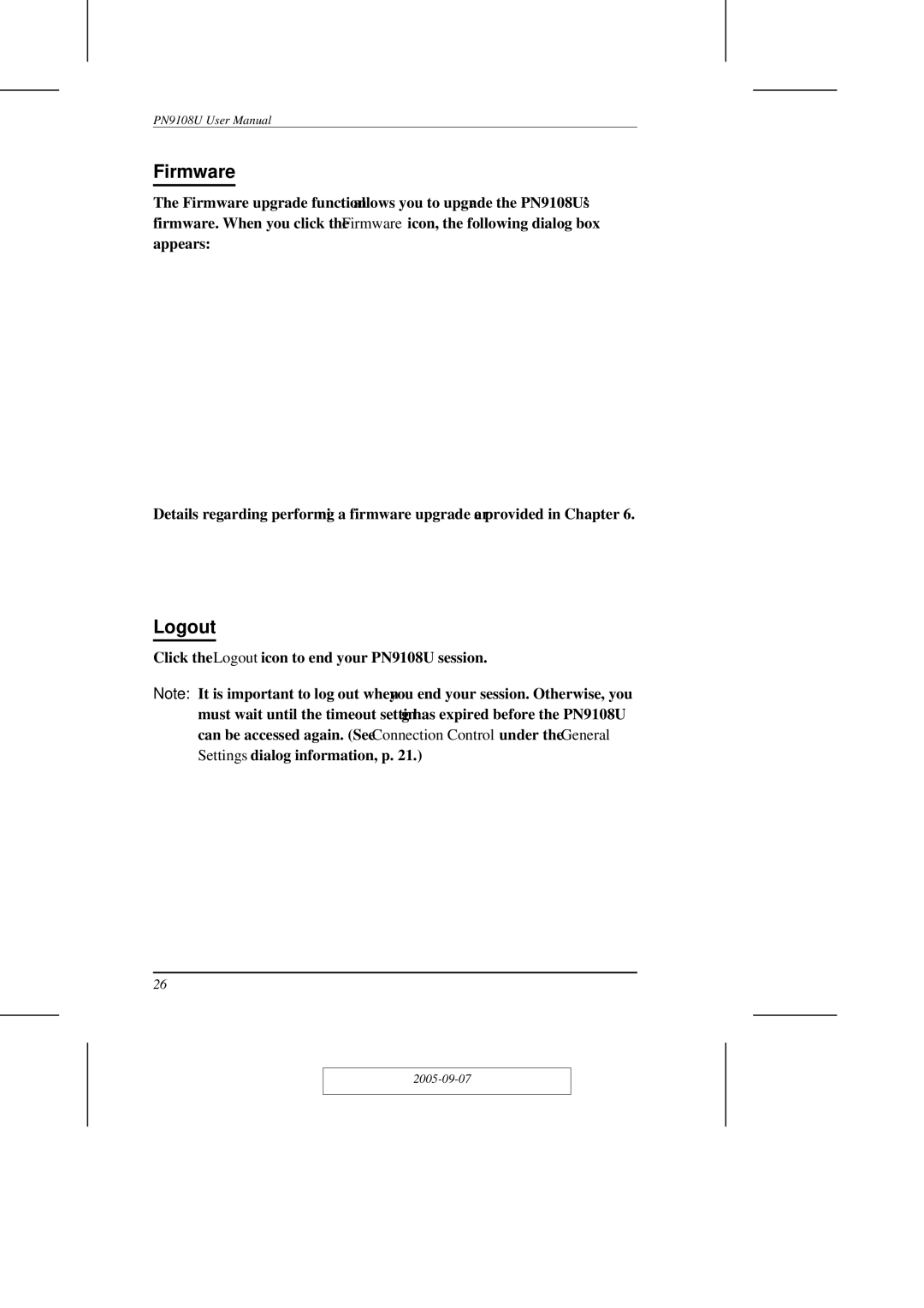 ATEN Technology PN9108U user manual Firmware, Logout 