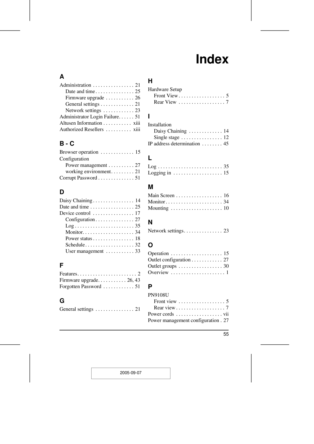 ATEN Technology PN9108U user manual Index 