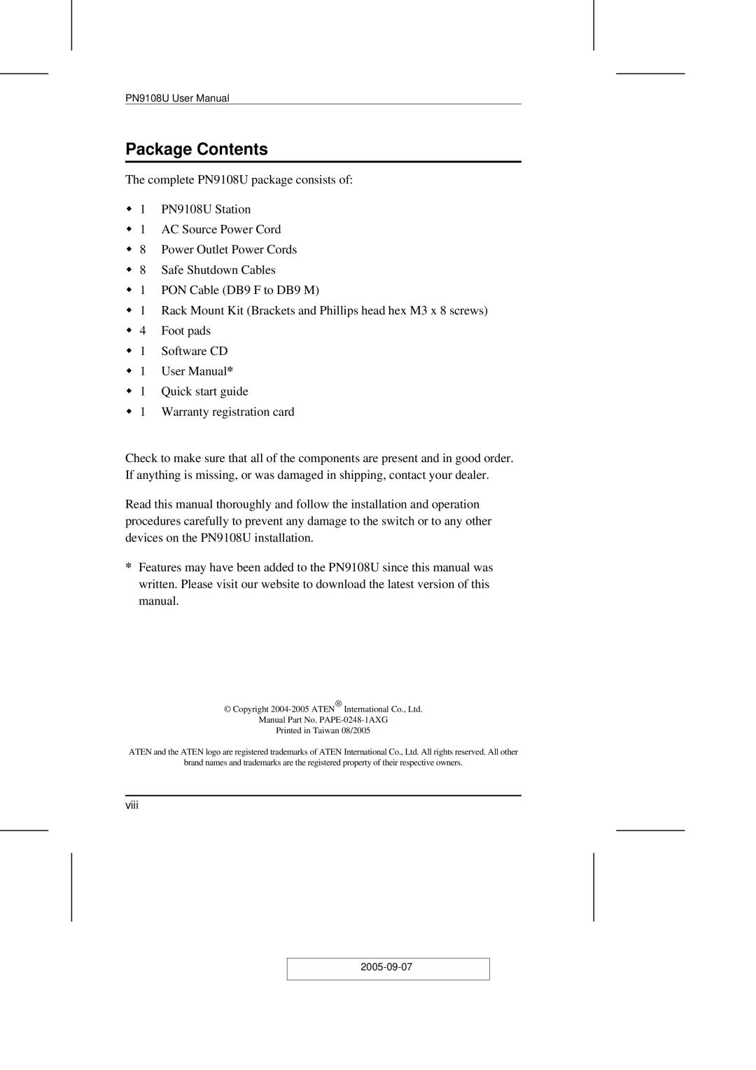 ATEN Technology PN9108U user manual Package Contents 