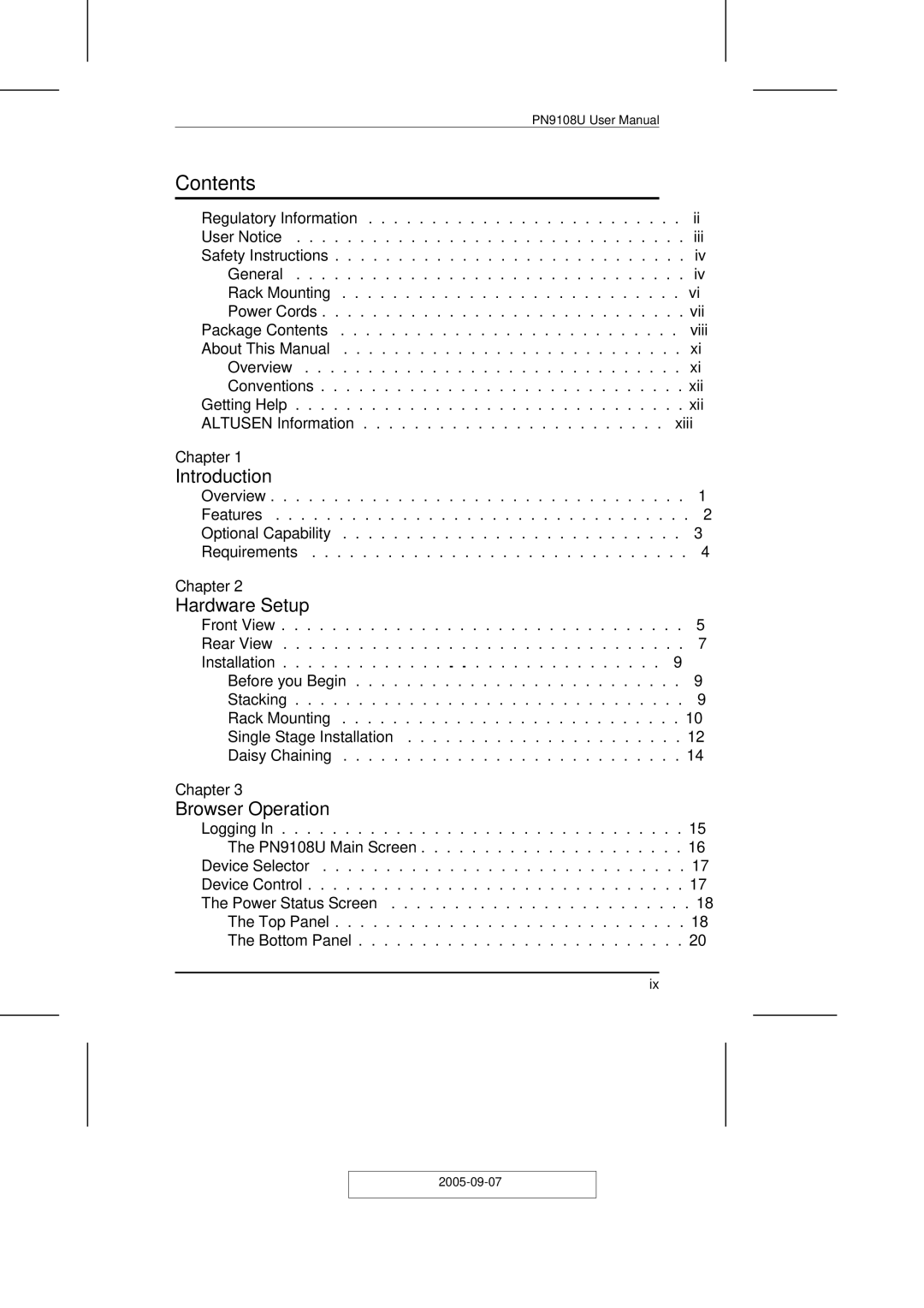 ATEN Technology PN9108U user manual Contents 