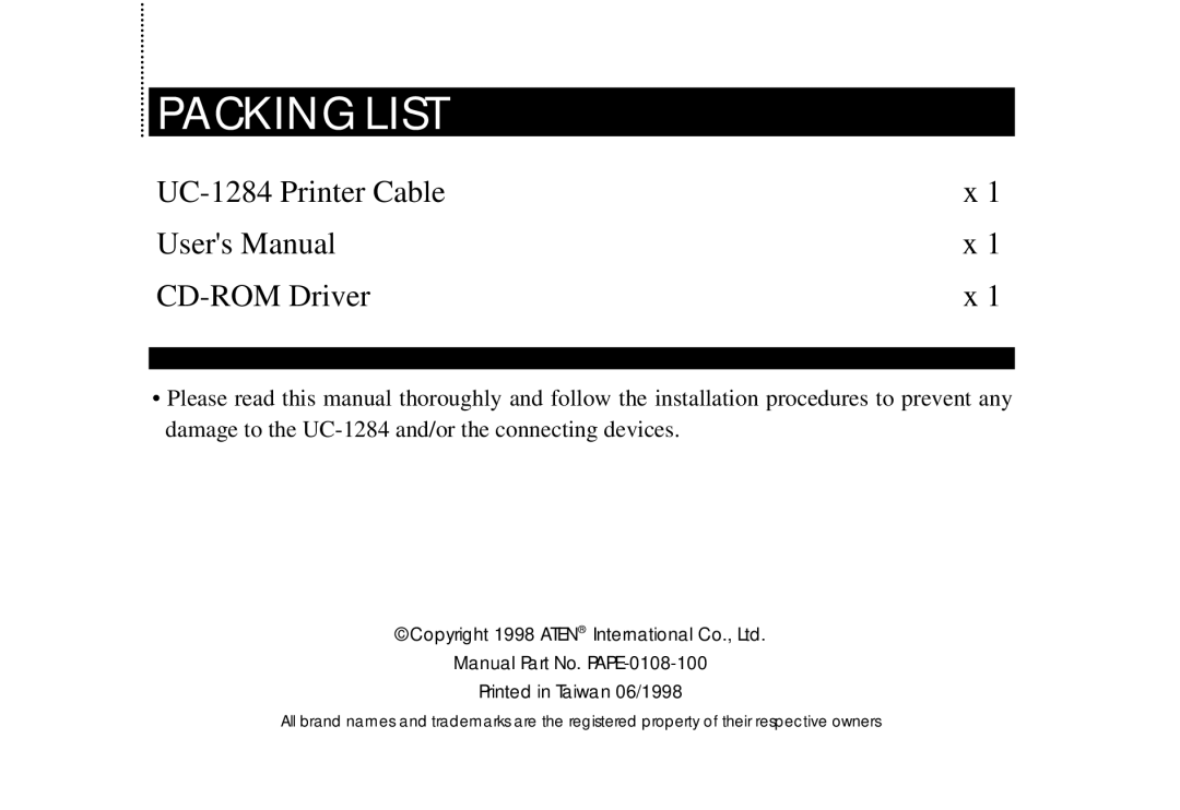 ATEN Technology user manual Packing List, UC-1284 Printer Cable CD-ROM Driver 