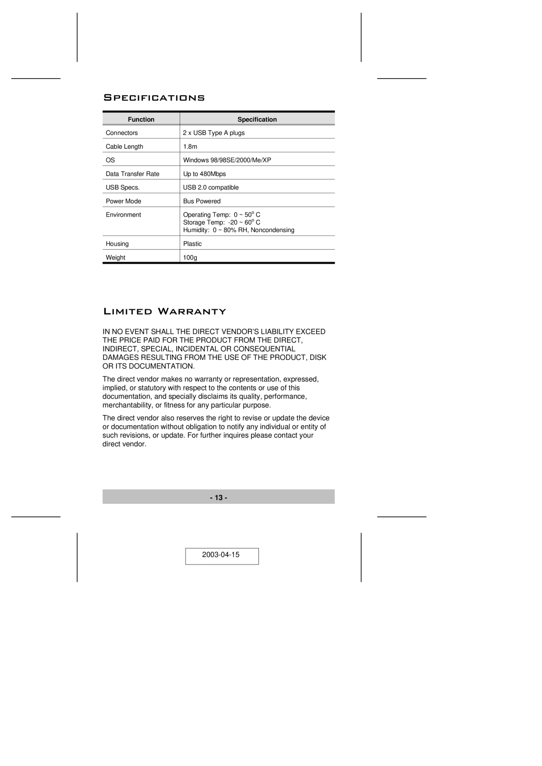 ATEN Technology UN-201 user manual Specifications, Limited Warranty 