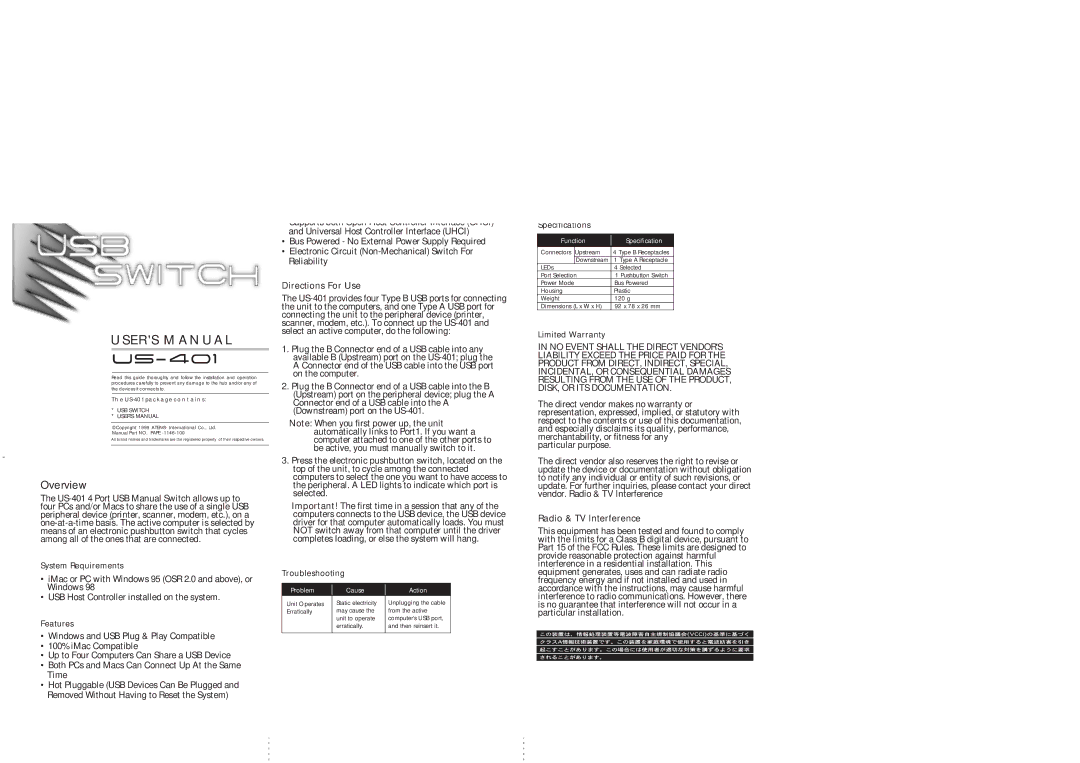 ATEN Technology US-401 user manual Overview, System Requirements, Features, Specifications, Limited Warranty 