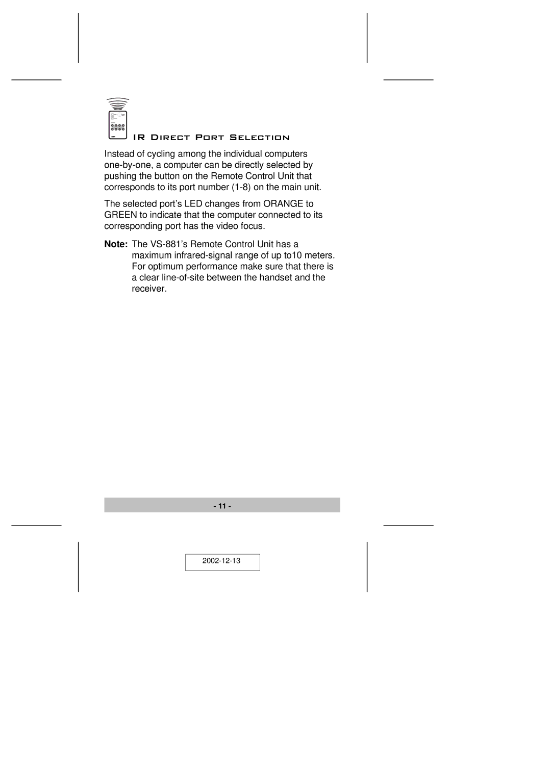 ATEN Technology VS-881 user manual IR Direct Port Selection 