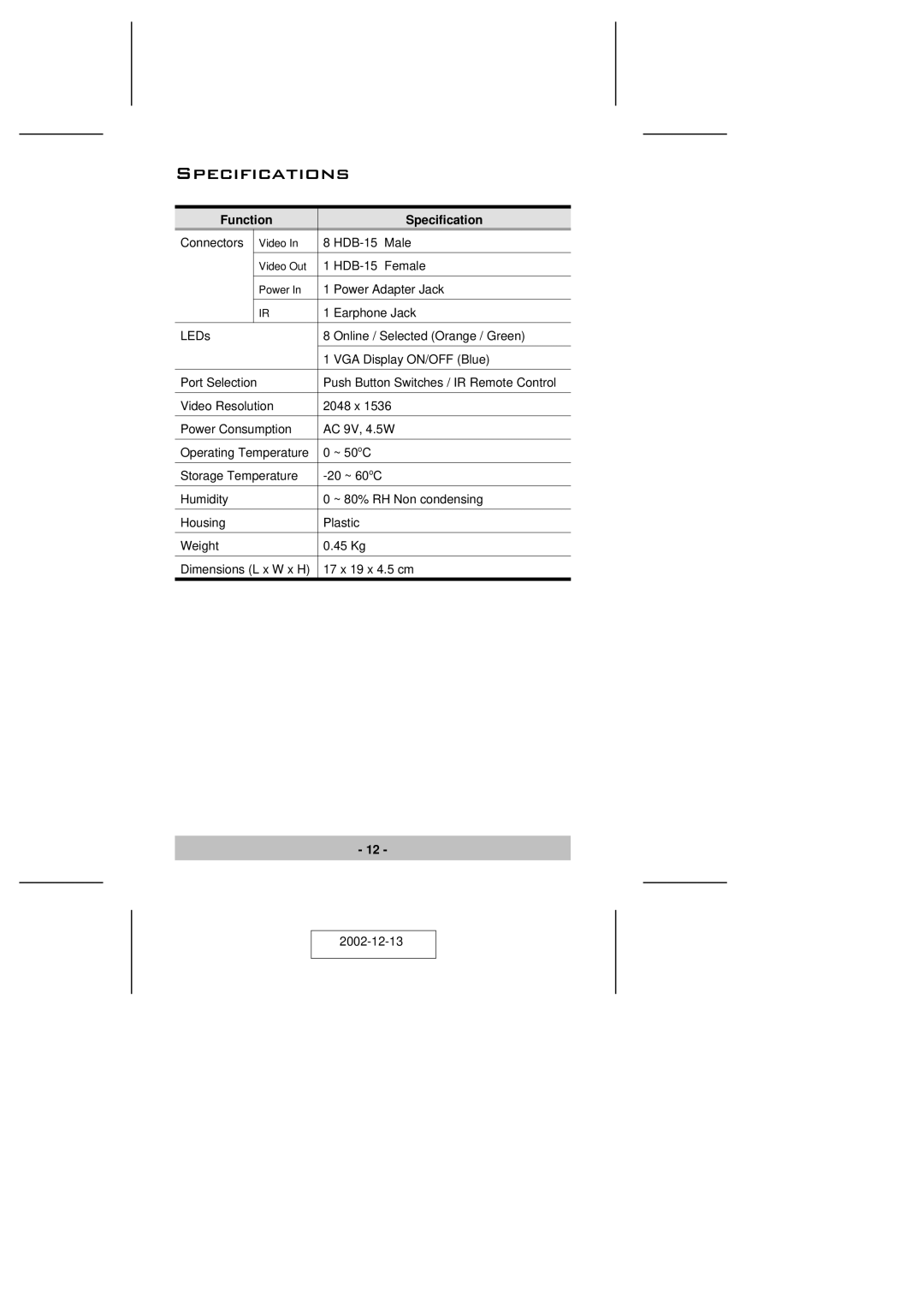 ATEN Technology VS-881 user manual Specifications, Function Specification 