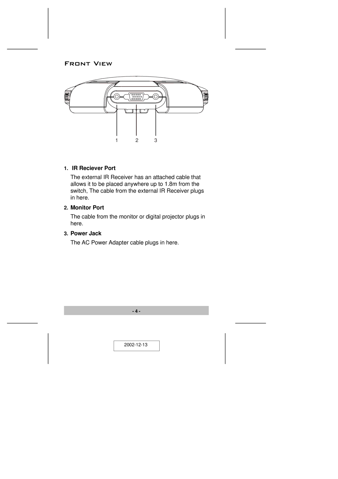 ATEN Technology VS-881 user manual Front View, IR Reciever Port, Monitor Port, Power Jack 