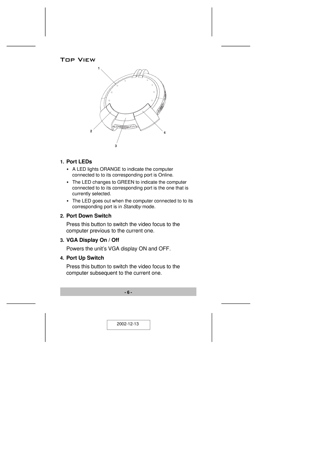 ATEN Technology VS-881 user manual Top View, Port LEDs, Port Down Switch, VGA Display On / Off, Port Up Switch 