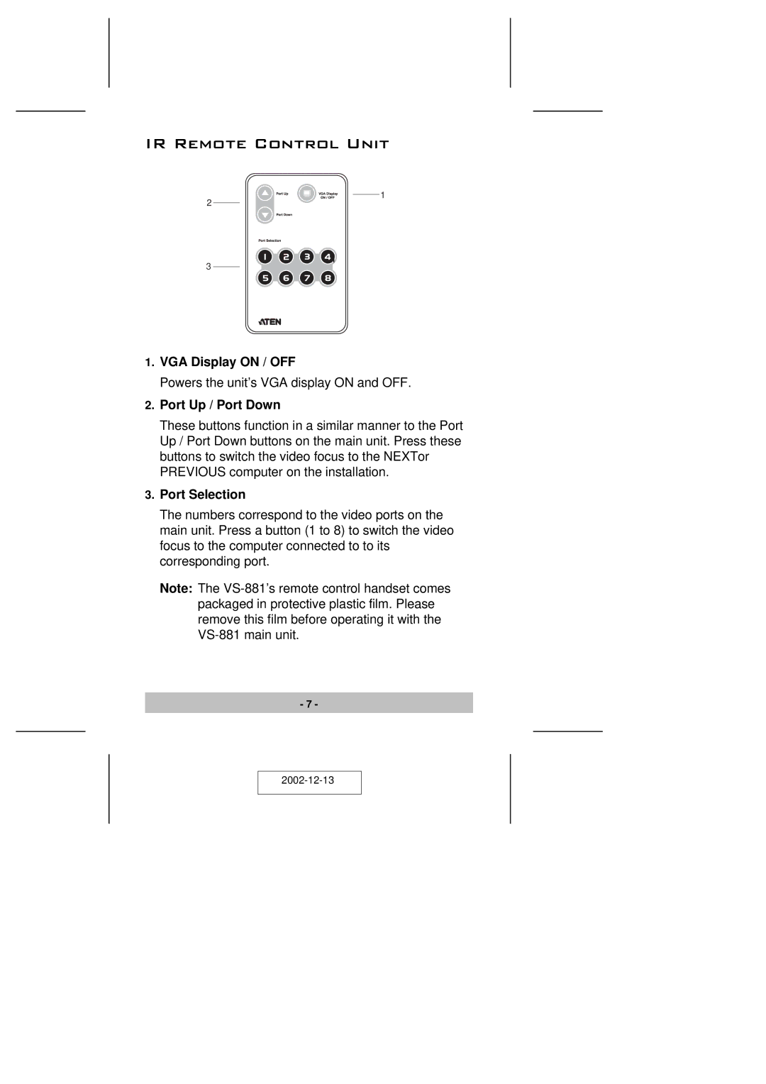 ATEN Technology VS-881 user manual IR Remote Control Unit, Port Up / Port Down, Port Selection 
