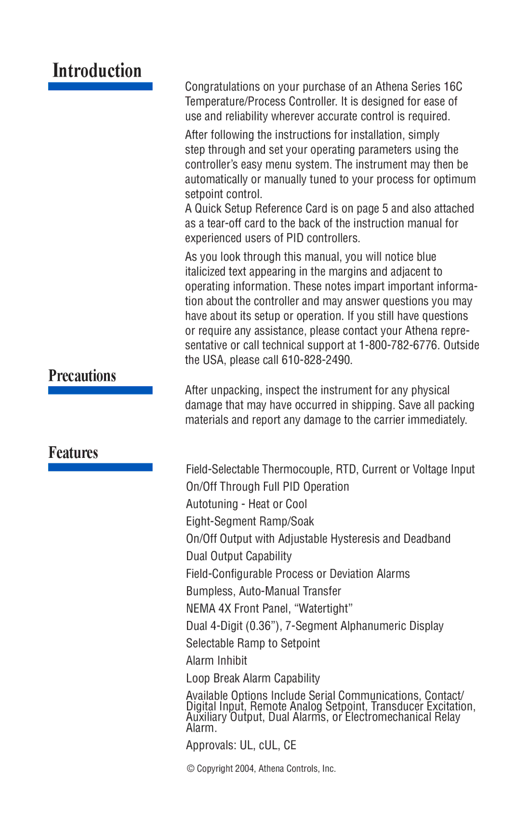 Athena Technologies 16C instruction manual Introduction, Precautions Features 
