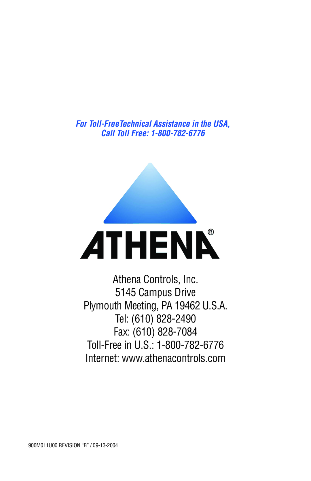 Athena Technologies 16C instruction manual For Toll-FreeTechnical Assistance in the USA Call Toll Free 