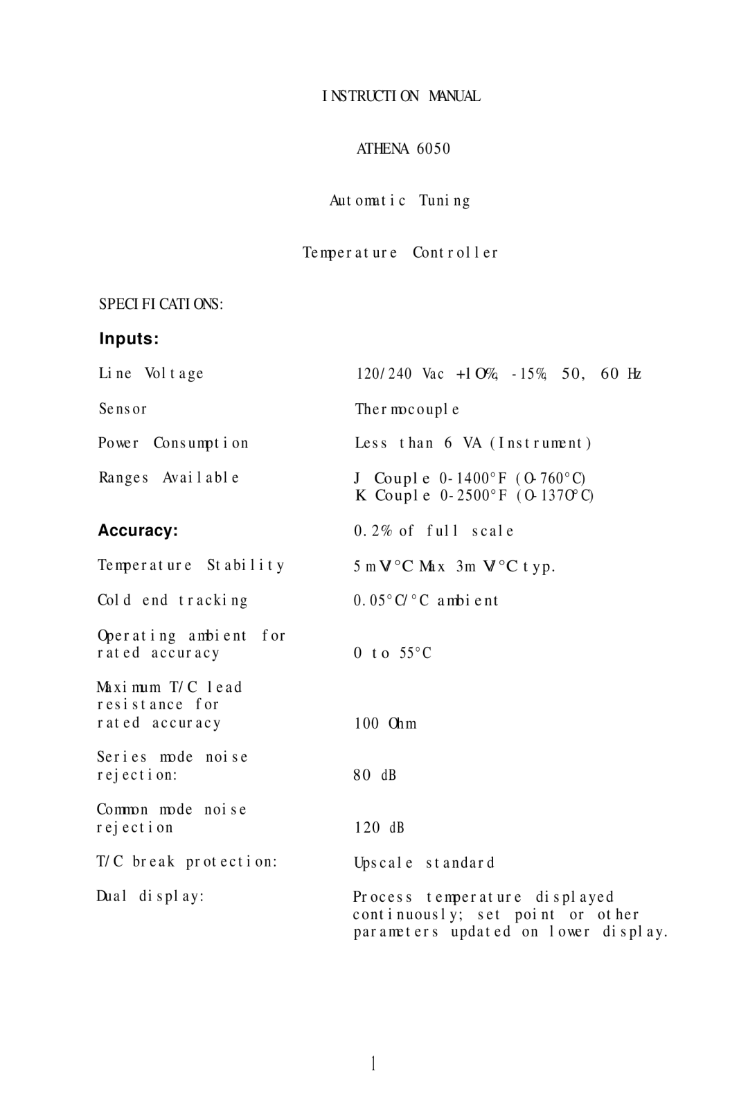 Athena Technologies 6050 instruction manual Manual, Athena, Specifications 