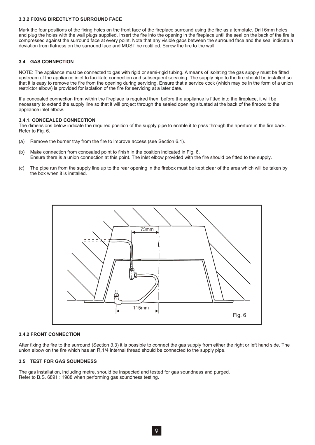 Athena Technologies A88028 manual Fixing Directly to Surround Face, GAS Connection, Concealed Connection, Front Connection 