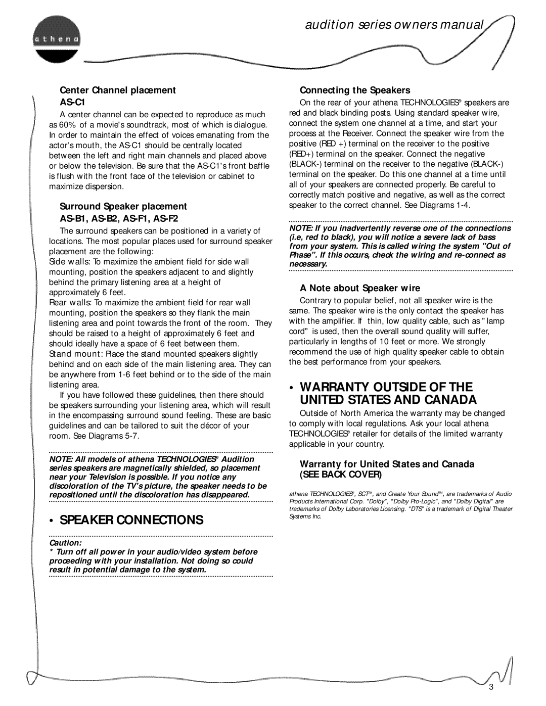 Athena Technologies AS-C1, AS-F1, AS-B2, AS-F2, AS-B1 Speaker Connections, Warranty Outside United States and Canada 