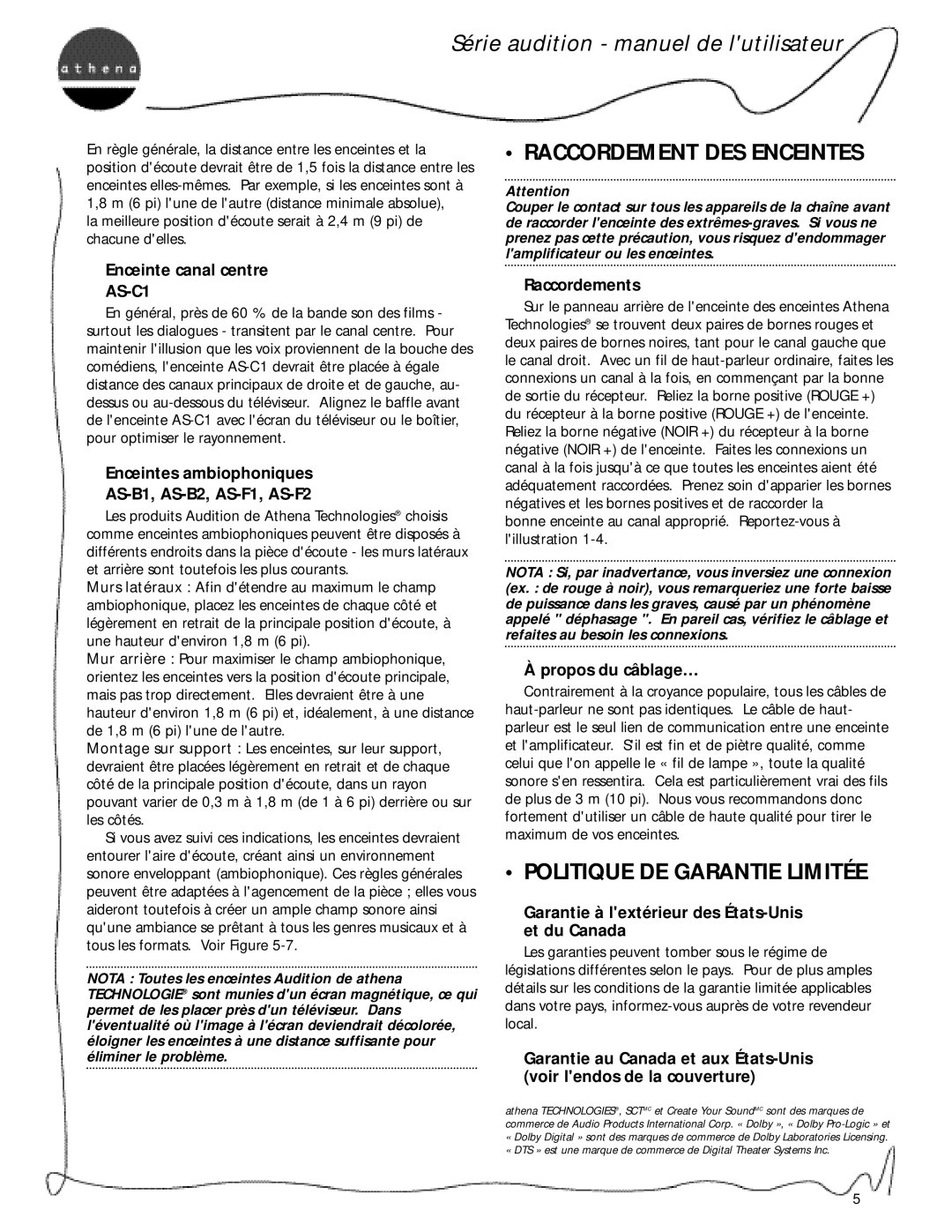 Athena Technologies AS-F1, AS-B2, AS-F2, AS-C1, AS-B1 owner manual Raccordement DES Enceintes, Politique DE Garantie Limitée 