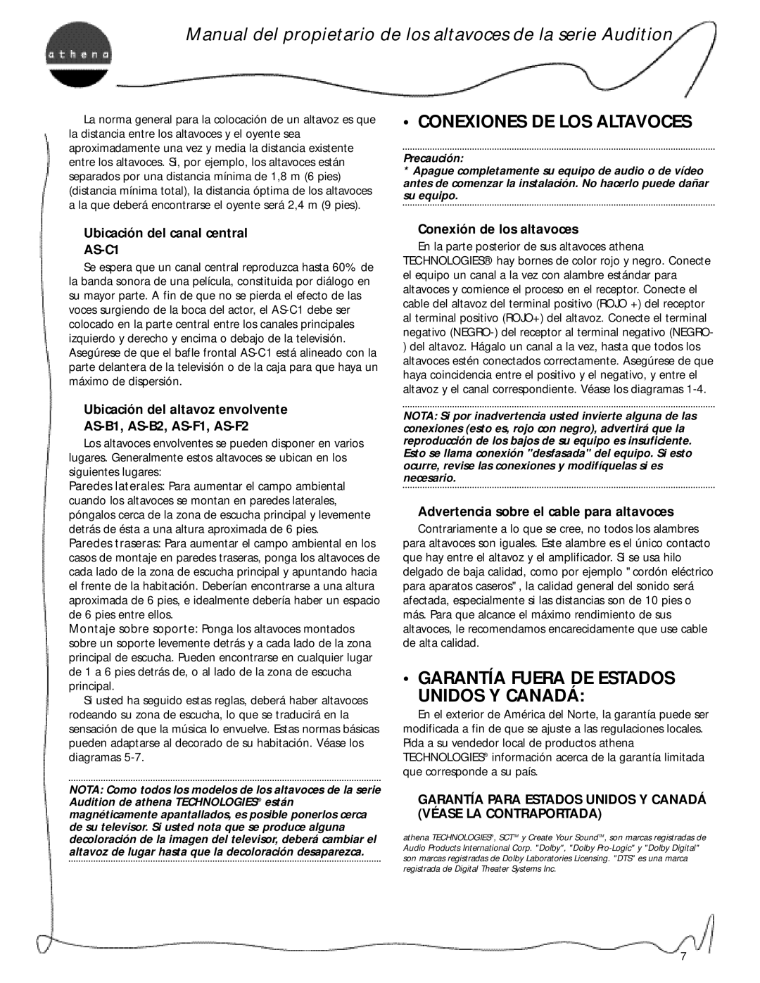 Athena Technologies AS-F2, AS-F1, AS-B2, AS-C1, AS-B1 Conexiones DE LOS Altavoces, Garantía Fuera DE Estados Unidos Y Canadá 