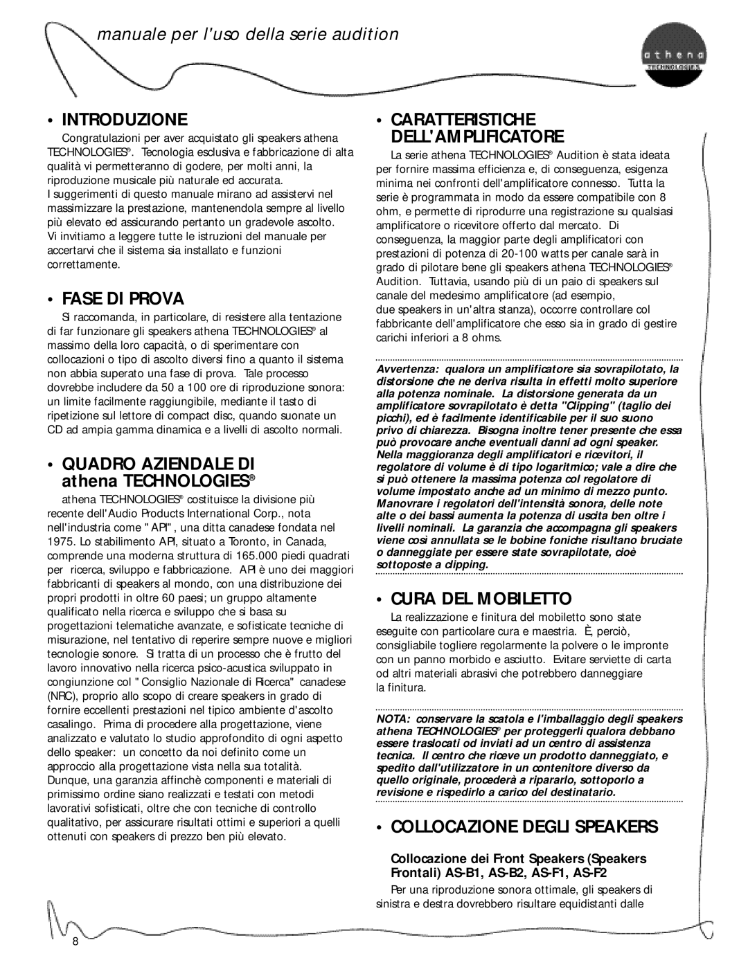 Athena Technologies AS-C1, AS-F1, AS-B2 Introduzione, Fase DI Prova, Quadro Aziendale DI, Caratteristiche Dellamplificatore 