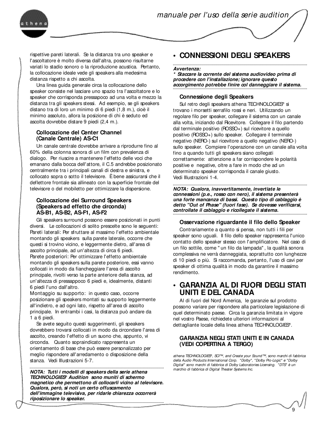 Athena Technologies AS-B1, AS-F1, AS-B2 Connessioni Degli Speakers, Garanzia AL DI Fuori Degli Stati Uniti E DEL Canada 