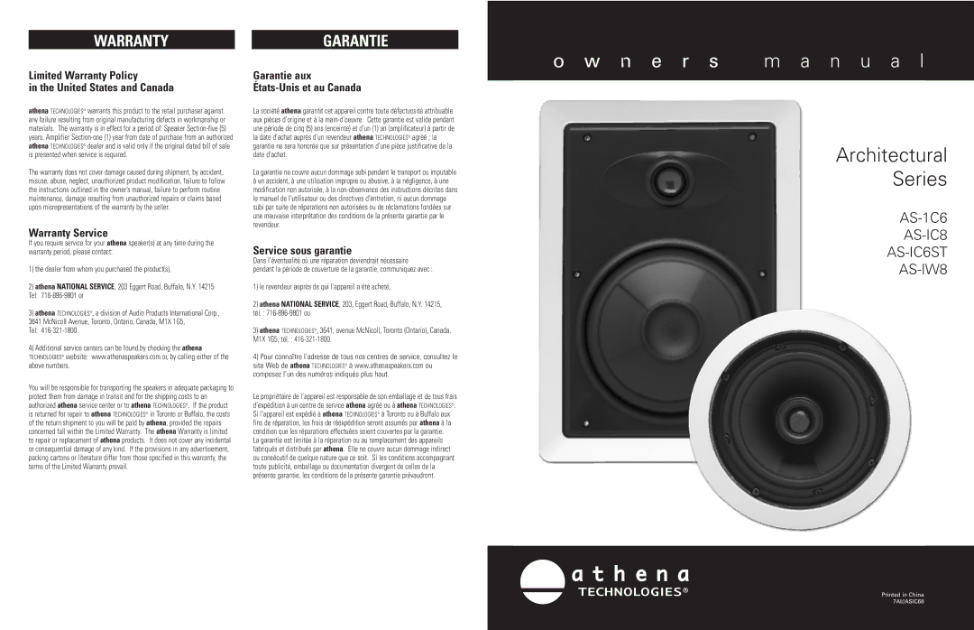 Athena Technologies AS-IW8, AS-IC6st, AS-1C6, AS-IC8 warranty Architectural Series 