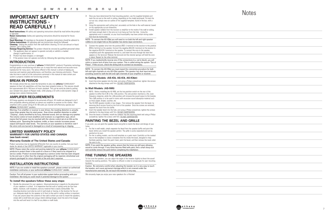 Athena Technologies AS-1C6, AS-IC6st, AS-IW8, AS-IC8 warranty Important Safety Instructions Read Carefully 