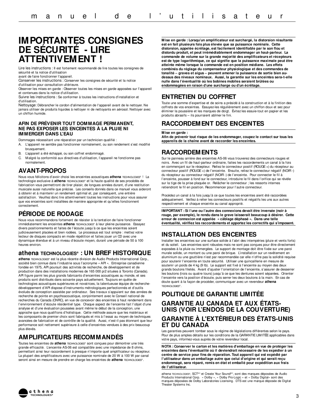 Athena Technologies AS-O6 owner manual Importantes Consignes DE Sécurité Lire Attentivement 