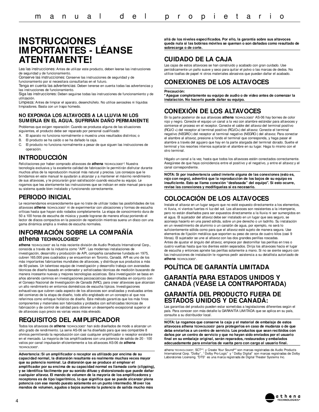 Athena Technologies AS-O6 owner manual Instrucciones Importantes Léanse Atentamente 