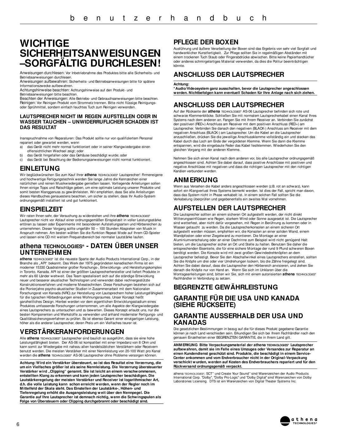 Athena Technologies AS-O6 owner manual Wichtige Sicherheitsanweisungen Sorgfältig Durchlesen 