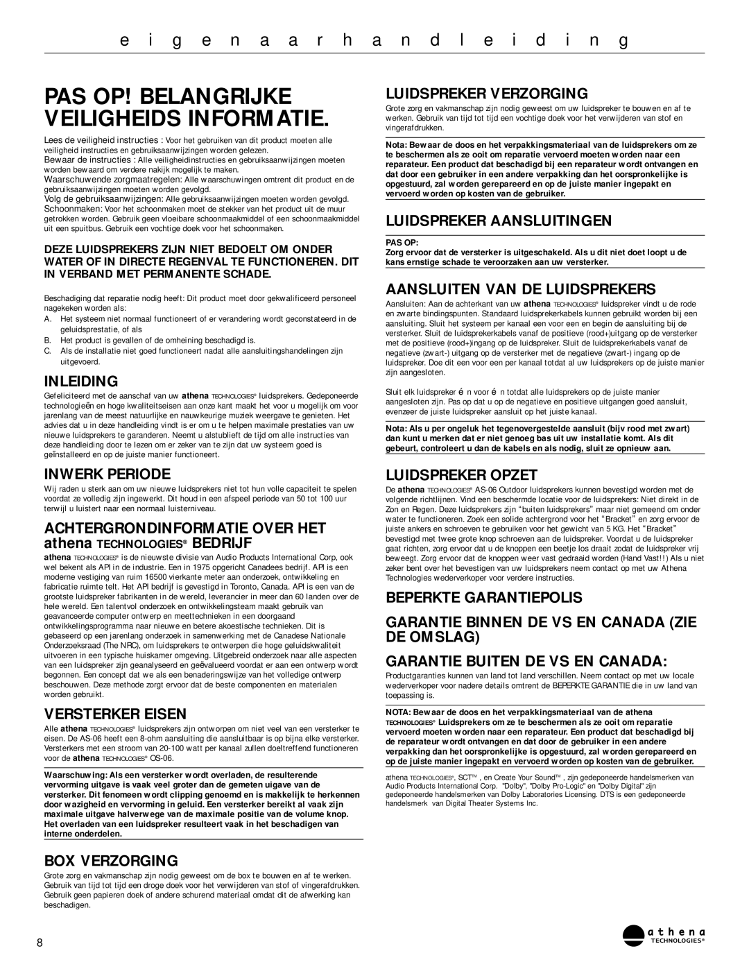 Athena Technologies AS-O6 owner manual Inleiding, Inwerk Periode, Versterker Eisen, BOX Verzorging, Luidspreker Verzorging 