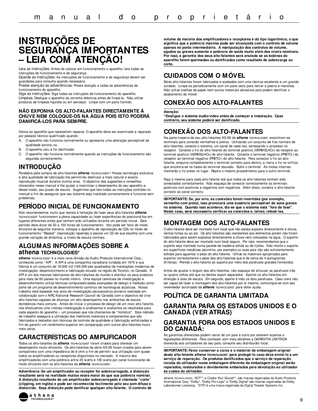 Athena Technologies AS-O6 owner manual Instruções DE Segurança Importantes Leia COM Atenção 