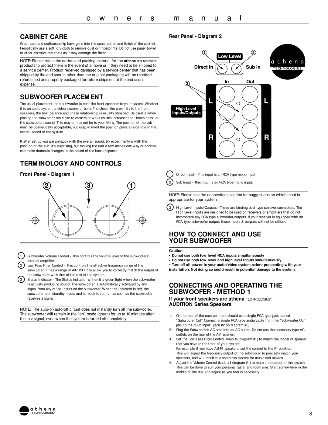 Athena Technologies AS-P300, AS-P400 owner manual Cabinet Care, Subwoofer Placement, Terminology and Controls 