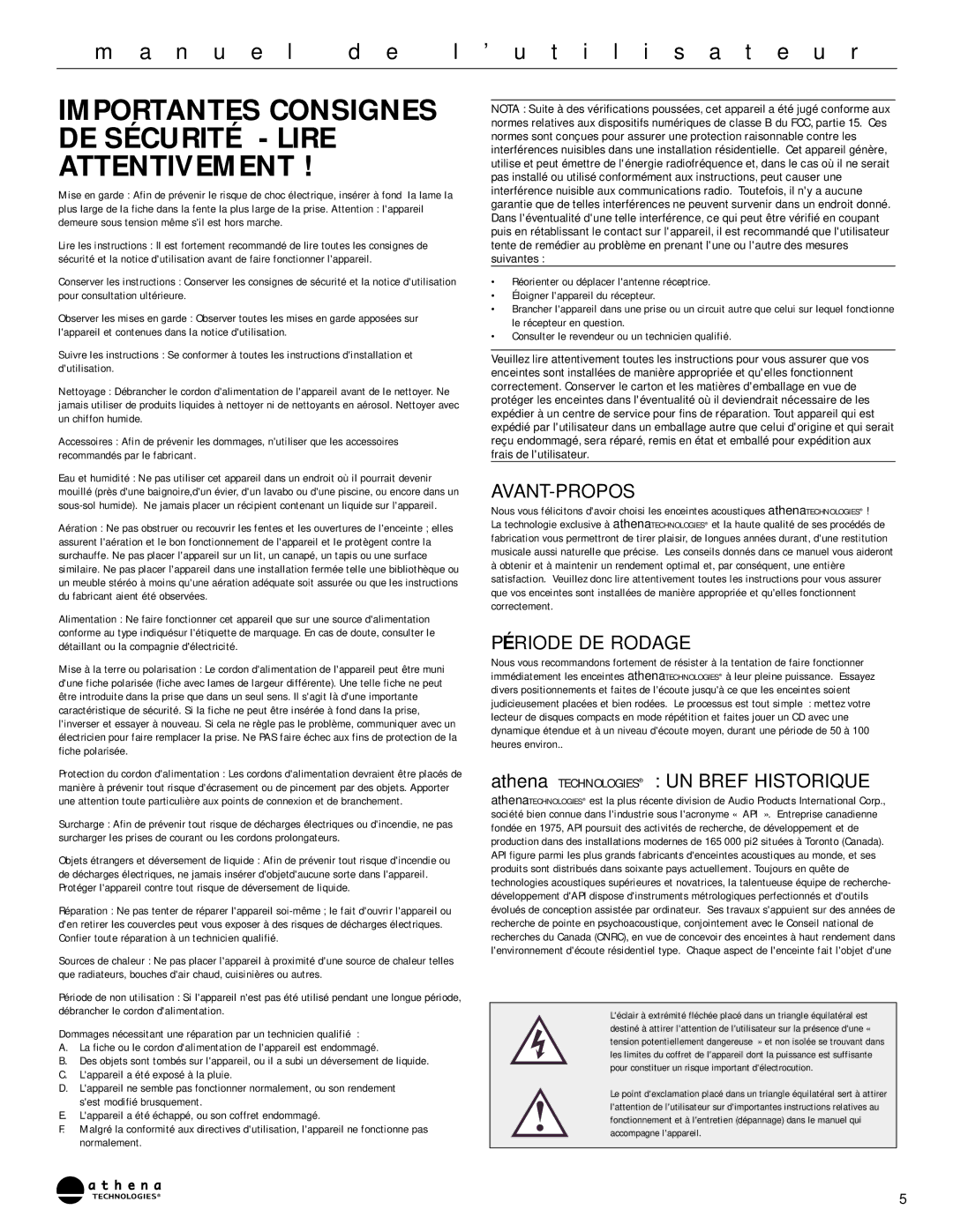 Athena Technologies AS-P300, AS-P400 Importantes Consignes DE Sécurité Lire Attentivement, Avant-Propos, Période DE Rodage 