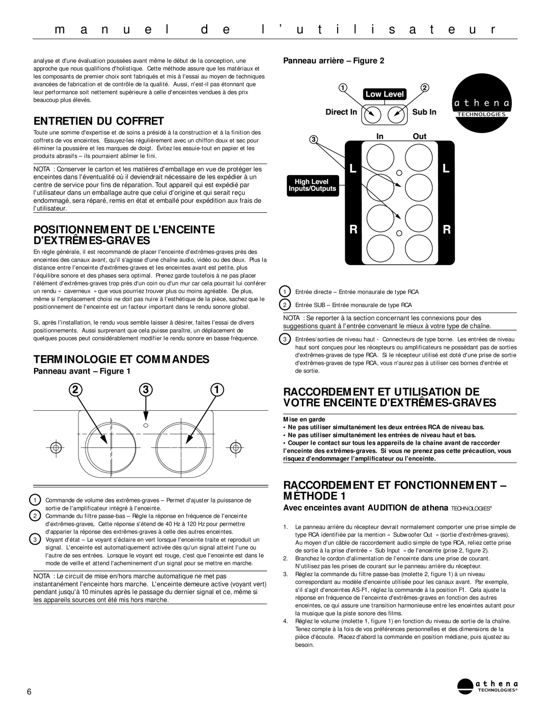Athena Technologies AS-P400 Entretien DU Coffret, Positionnement DE Lenceinte DEXTRÊMES-GRAVES, Terminologie ET Commandes 