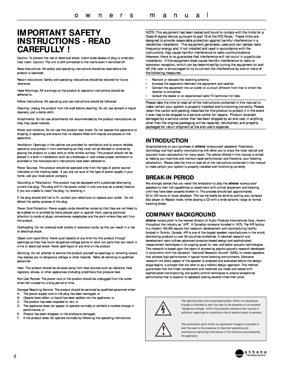 Athena Technologies AS-P400 Important Safety Instructions - Read Carefully, o w n e r s, m a n u a l, Introduction 