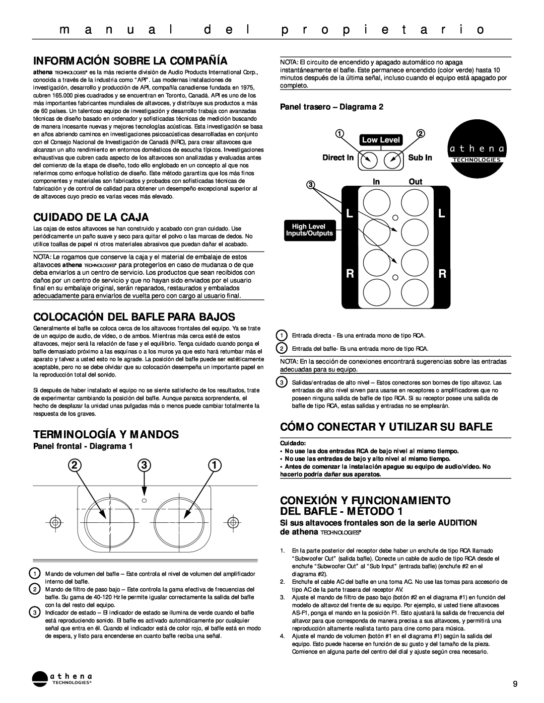 Athena Technologies AS-P300 Información Sobre La Compañía, Cuidado De La Caja, Colocación Del Bafle Para Bajos, d e l 
